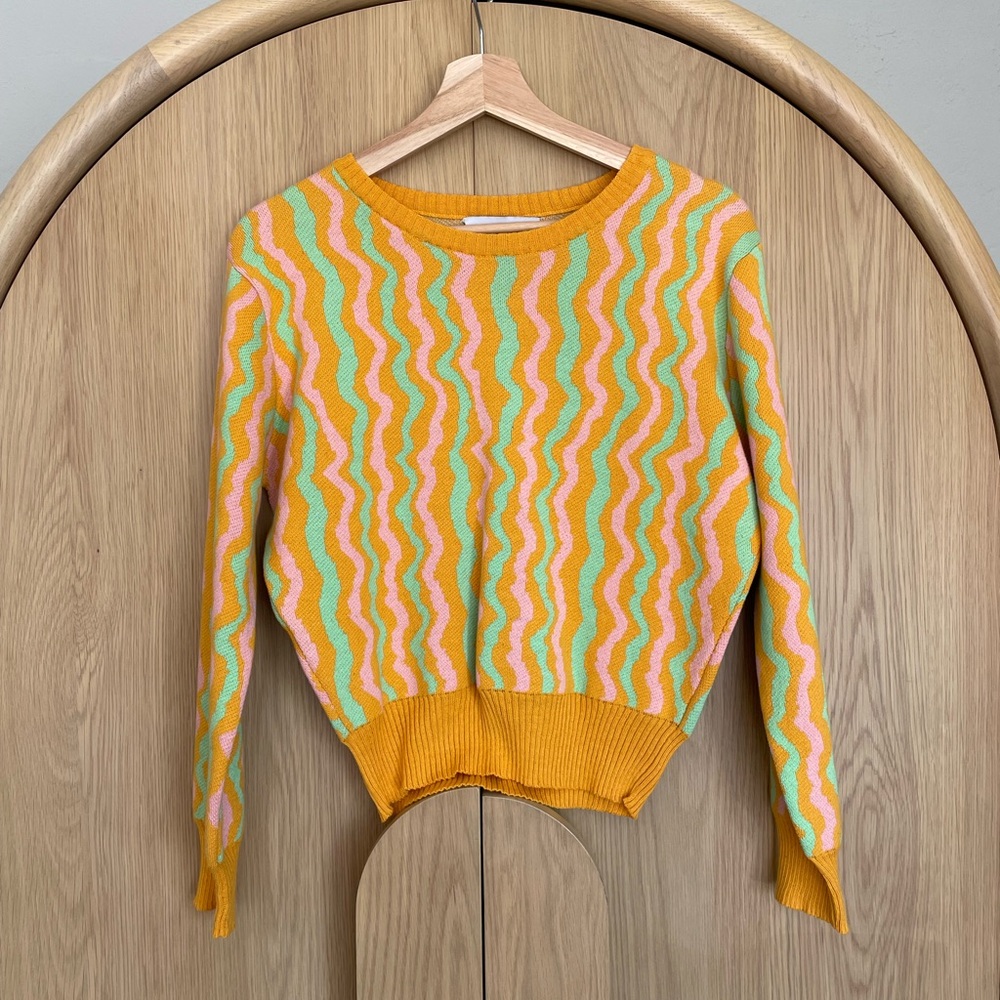 Yellow, Pink, and Green Wave Pattern Crewneck Sweater